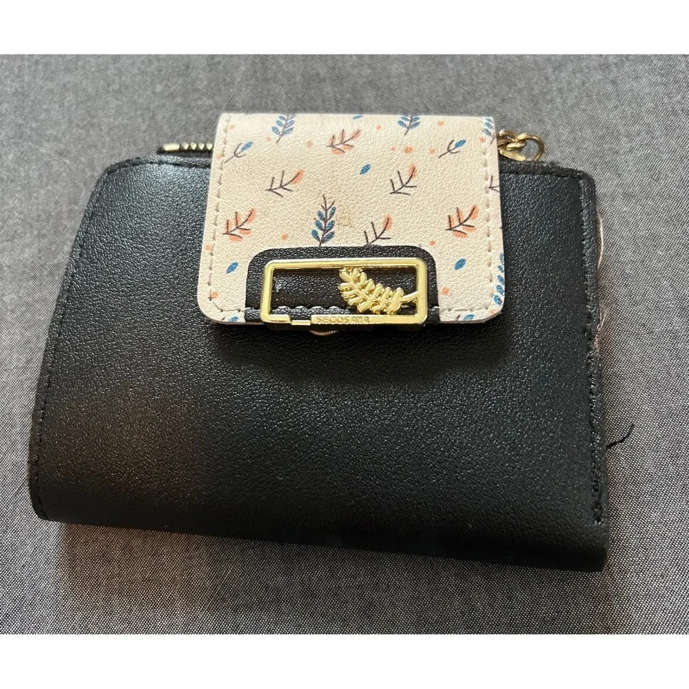 Womens Black Faux Leather Bifold Wallet Floral Snap Tassel Zipper Gold Leaf